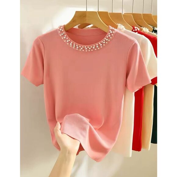 Elegant Pearl Collar Blouse, Pink, Large - Picture 1 of 2